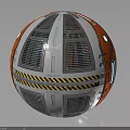 Red And Silver Mechanical Sphere With Grill Panels Circular Windows And Warning Stripes