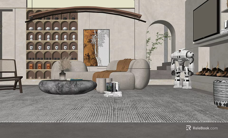 Modern Gray Sofa Coffee Table Set With Round Rug Decorative Painting And Indoor Plant 3d model 