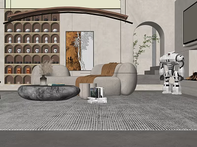 Modern Gray Sofa Coffee Table Set With Round Rug Decorative Painting And Indoor Plant 3d model