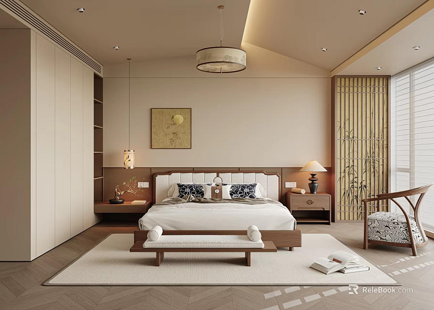 Elegant Modern Bedroom Interior With Beige Tones King Bed Nightstands And Wooden Furniture 3d model 