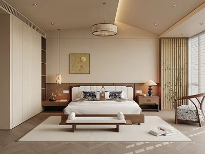 Elegant Modern Bedroom Interior With Beige Tones King Bed Nightstands And Wooden Furniture 3d model