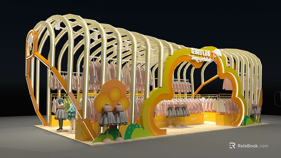 Colorful Kids Clothing Store With Arched White Structure Yellow Floral Display Pink Light Dresses Mannequins 3d model 