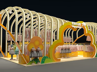 Colorful Kids Clothing Store With Arched White Structure Yellow Floral Display Pink Light Dresses Mannequins 3d model