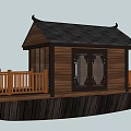 Traditional Chinese Wooden Pavilion With Black Roof And Balcony Under Blue Sky White Clouds