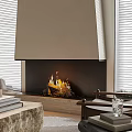 Modern Living Room Interior With Sofa Floor Lamp Built In Shelves Fireplace And Wooden Chairs