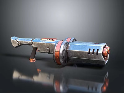 Futuristic Sci Fi Weapon With Metallic Blue Silver Body And Copper Rings Design 3d model