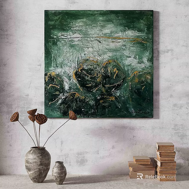 Abstract Painting With Expressive Green Textured Layers And Gold Accent Details 3d model 