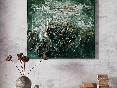 Abstract Painting With Expressive Green Textured Layers And Gold Accent Details 3d model