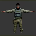 Man In Tactical Military Uniform With Goggles Vest And Arms Outstretched On Gray Background