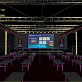 Modern Conference Room With Red Floor White Long Tables Large Screen Speakers And Ceiling Pipes
