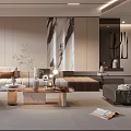 Modern Living Room Interior With Neutral Sofa Wooden Coffee Table Abstract Art And Ambient Lighting