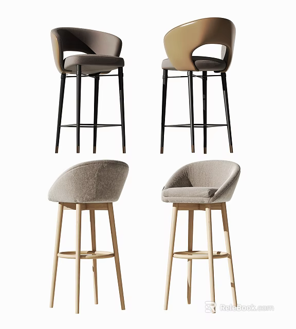 Modern Bar Stools With Upholstered Seats And Metal Wooden Legs Design 3d model 