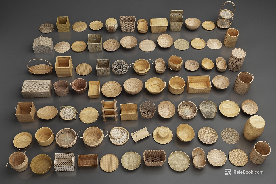 Woven Household Storage Items In Various Shapes Sizes And Natural Materials 3d model 