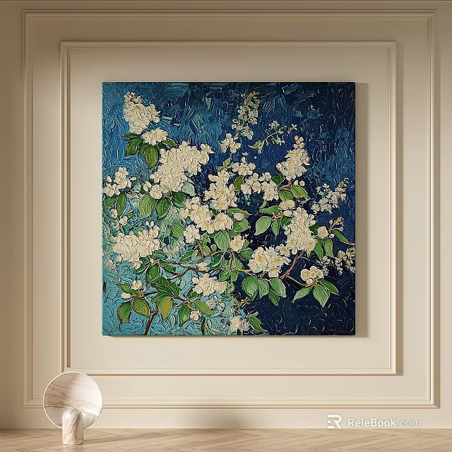 Oil Painting Featuring White Flowers Green Leaves On Dark Blue Background 3d model 