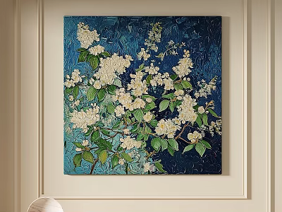 Oil Painting Featuring White Flowers Green Leaves On Dark Blue Background 3d model