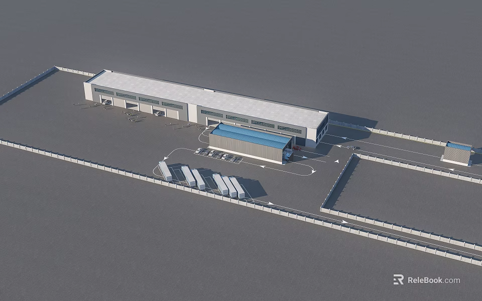 Aerial View of Modern Industrial Factory Building with White Exterior Blue Roof and Parking Area 3d model 