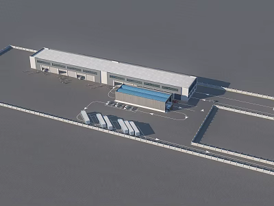 Aerial View of Modern Industrial Factory Building with White Exterior Blue Roof and Parking Area 3d model