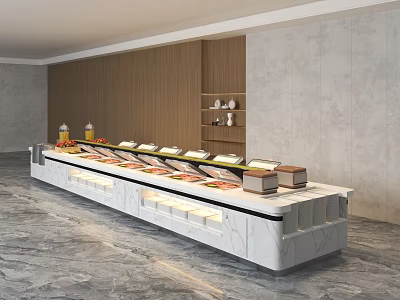Restaurant Buffet Counter With Marble Top Glass Covers Food Display Wooden Walls And Shelves 3d model