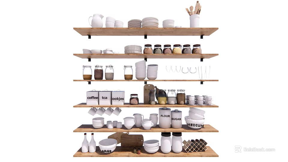 Organized Kitchenware Display On Wooden Shelves With Bowls Mugs Jars And Utensils 3d model 
