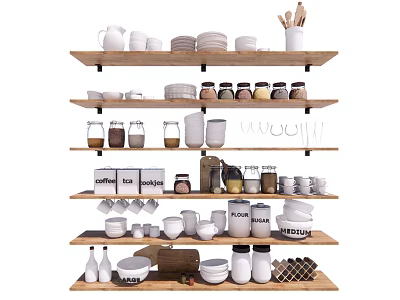 Organized Kitchenware Display On Wooden Shelves With Bowls Mugs Jars And Utensils 3d model