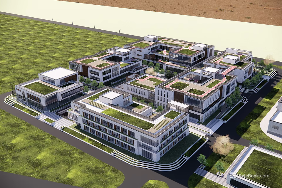 Modern Connected Building Complex With Green Roofs Lush Lawns And Roads 3d model 