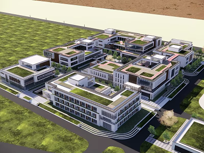 Modern Connected Building Complex With Green Roofs Lush Lawns And Roads 3d model