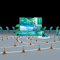 Exhibition Booth Setup With Turquoise Tents Circular Track Large Screen And Flags 3d model