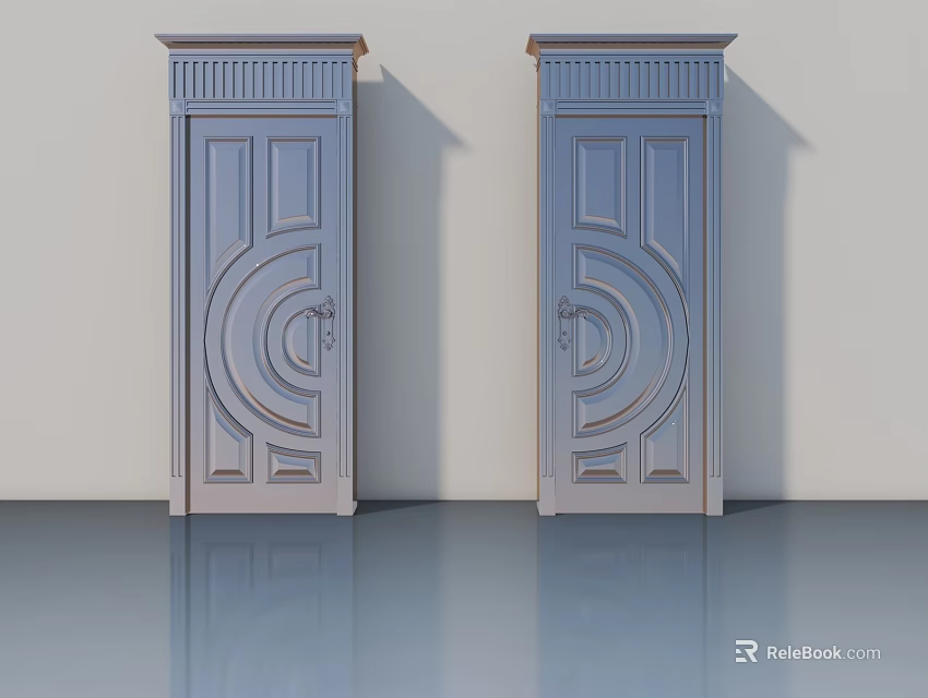 Elegant Swing Doors With Decorative Panel Design And Ornate Frame On White Wall 3d model 