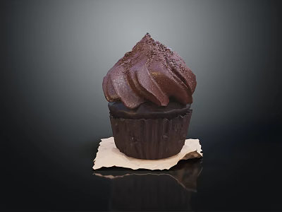 Rich Chocolate Cupcake With Swirled Frosting Dusted On Parchment Paper Background 3d model
