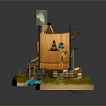 Whimsical Rural Scenery With Thatched Roof House Flowing River Water Wheel And Lush Grass
