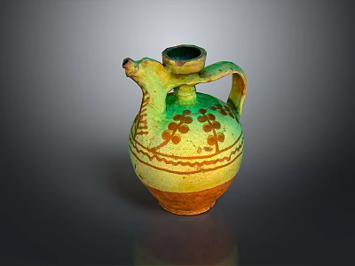 Hand Carved Ancient Pottery Jug With Green Yellow Glaze Floral Patterns Bird Head Spout Handle Design 3d model
