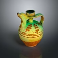 Hand Carved Ancient Pottery Jug With Green Yellow Glaze Floral Patterns Bird Head Spout Handle Design