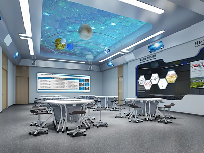 School Science Classroom with Starry Ceiling Planet Models Wall Display Boards and Modern Tables Chairs 3d model