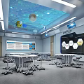 School Science Classroom with Starry Ceiling Planet Models Wall Display Boards and Modern Tables Chairs