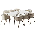 Modern Light Colored Upholstered Dining Chairs Around Marble Tabletop Dining Table