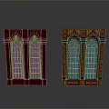 Red Classical Arched Doors with Glass Panels and Intricate Carved Patterns 3d model