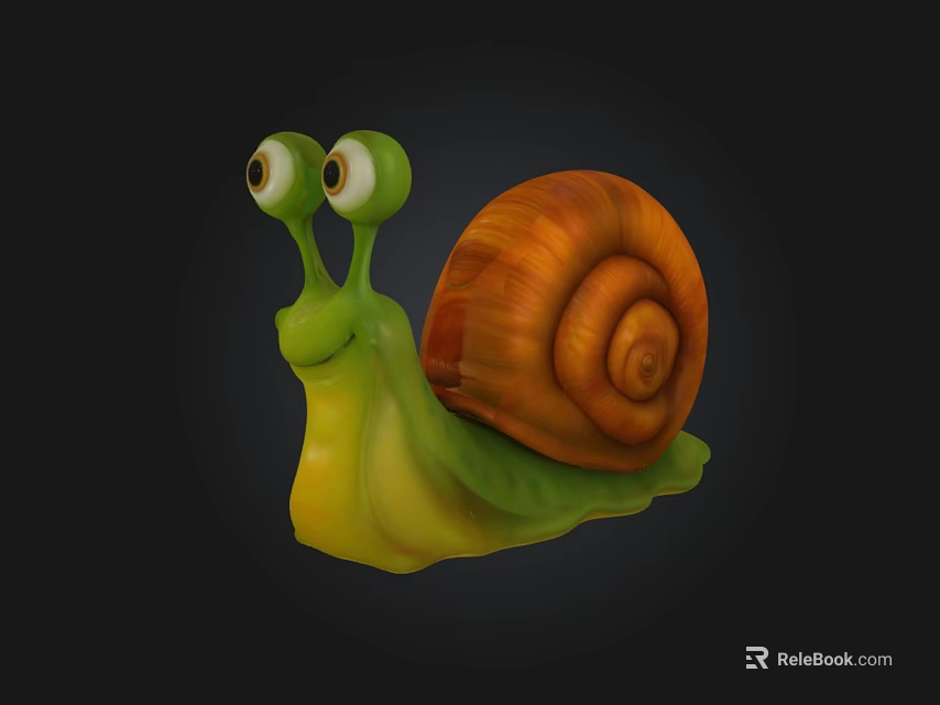 Cute Cartoon 3D Snail Character With Big Eyes Green Body And Orange Shell 3d model 