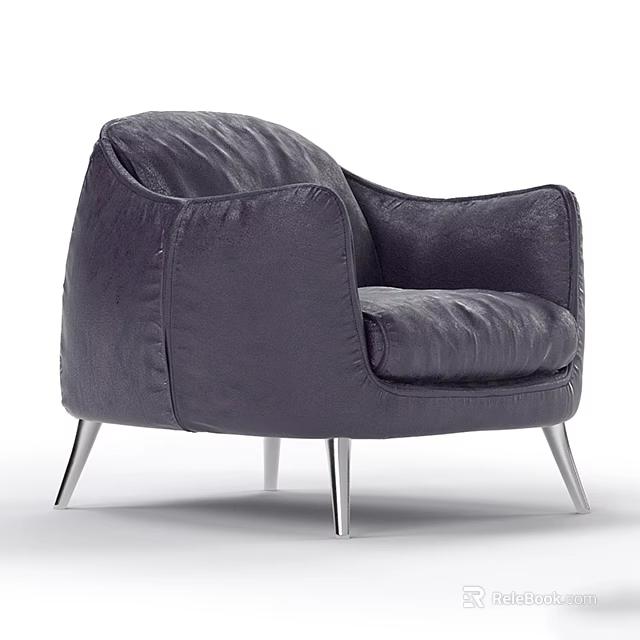 Modern Plum Leather Armchair with Rounded Back and Silver Metal Legs 3d model 