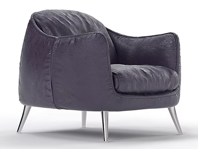Modern Plum Leather Armchair with Rounded Back and Silver Metal Legs 3d model