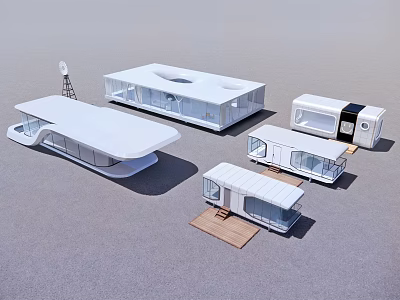 Modern White Guesthouse Buildings With Streamlined Roof Glass Windows And Wooden Steps 3d model