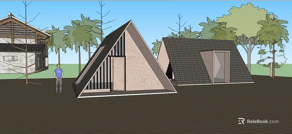 Modern Wooden Cabins With Triangular Roofs Geometric Windows In Lush Forest Setting 3d model 