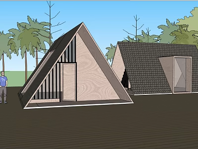 Modern Wooden Cabins With Triangular Roofs Geometric Windows In Lush Forest Setting 3d model