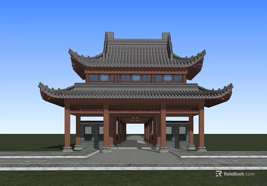 Traditional Chinese Architecture With Curved Eaves Tile Roof Wooden Columns And Stone Base 3d model 