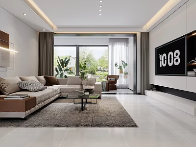 Modern Living Dining Room Interior With Sofa Coffee Table TV And Large Windows 3d model