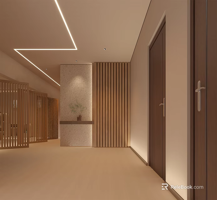 Modern Luxury Corridor Interior With Wooden Slats Linear Lighting And Decorative Vase 3d model 