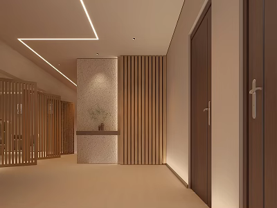 Modern Luxury Corridor Interior With Wooden Slats Linear Lighting And Decorative Vase 3d model