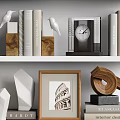 Elegant Decorative Ornament Combination With Photo Frames Sculptures Books Potted Plant And Clock On Shelves