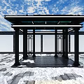 Modern Black Framed Pavilion Structure With Glass Roof Snowy Stone Floor And Blue Sky