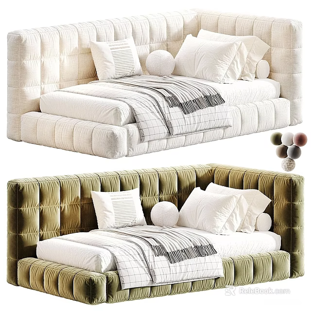 Modern Tufted Sofa Bed In Neutral And Olive Green With Plush Pillows And Cozy Blanket 3d model 