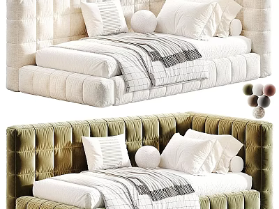 Modern Tufted Sofa Bed In Neutral And Olive Green With Plush Pillows And Cozy Blanket 3d model
